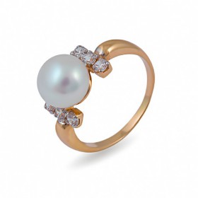 Ring from 14 karat gold with natural pearls and cubic zirconias