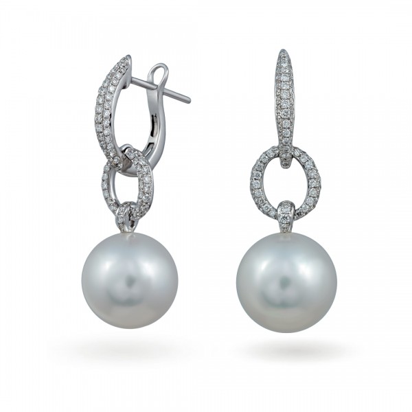 Earrings from 14 karat white gold with sea pearls and diamonds